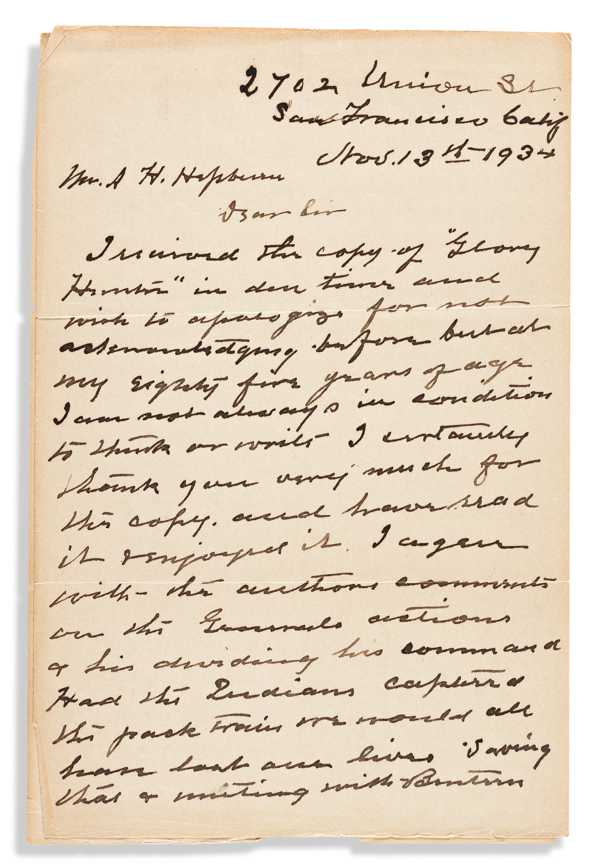 (GEORGE A. CUSTER.) Charles A. Varnum. Letter by the commander of Custers scouts, praising the book Glory Hunter.